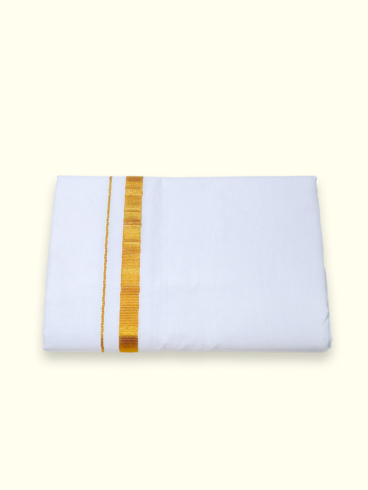 Men’s Single Dhoti - White with Gold Zari  Border