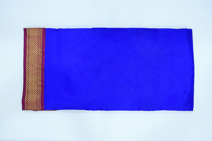 Sri Vaari Vasthram – Royal Blue With Burgundy Pure Silk Devotional Dhoti with Contrast Borders and Zari Accents