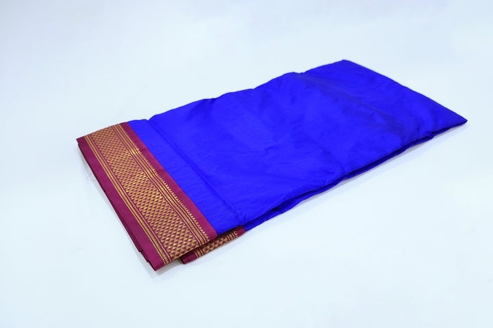 Sri Vaari Vasthram – Royal Blue With Burgundy Pure Silk Devotional Dhoti with Contrast Borders and Zari Accents