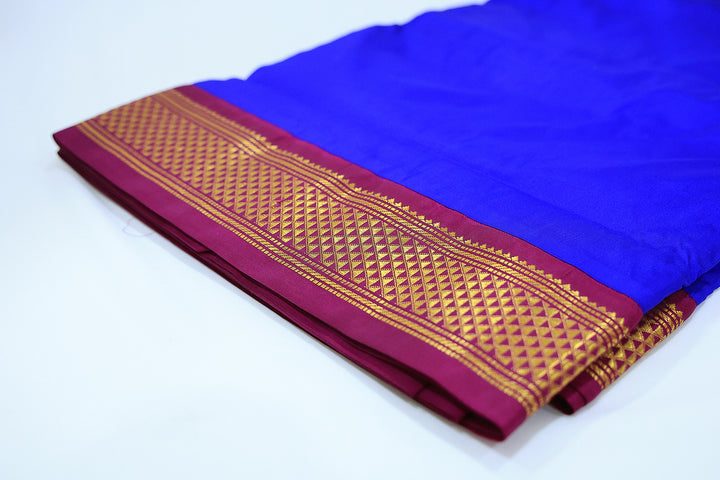 Sri Vaari Vasthram – Royal Blue With Burgundy Pure Silk Devotional Dhoti with Contrast Borders and Zari Accents