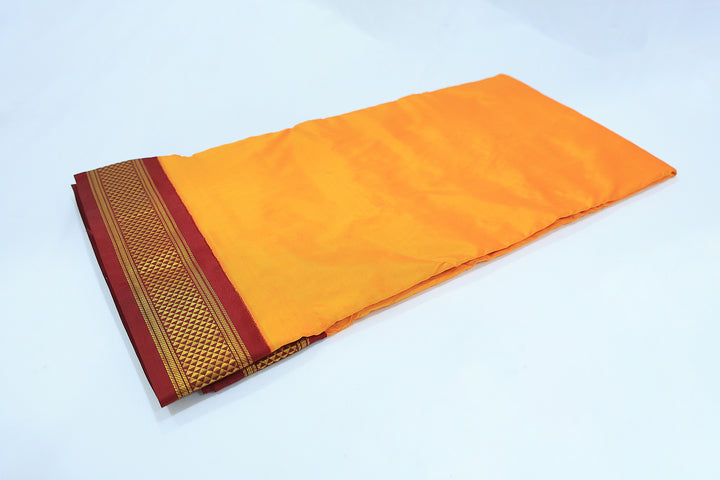 Sri Vaari Vasthram – Yellow With Maroon Pure Silk Devotional Dhoti with Contrast Borders and Zari Accents