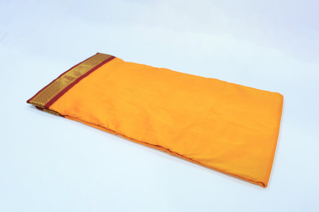 Sri Vaari Vasthram – Yellow With Maroon Pure Silk Devotional Dhoti with Contrast Borders and Zari Accents