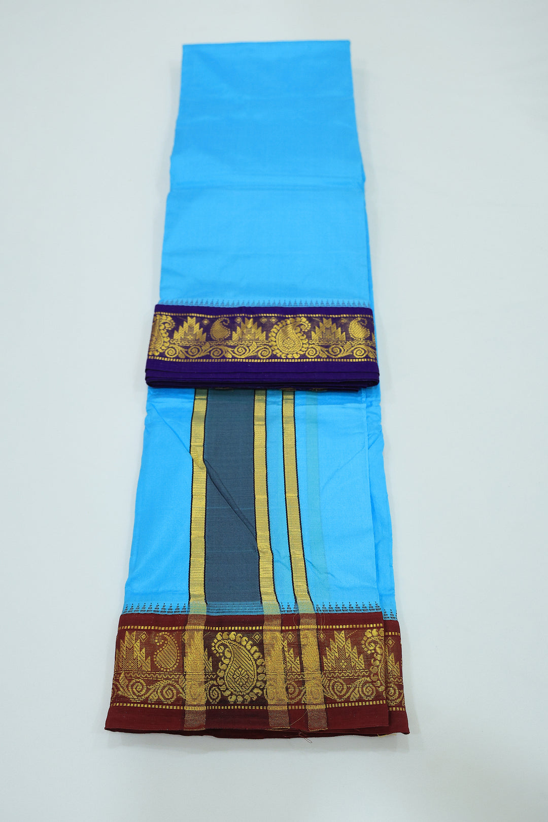 Sri Vaari Vasthram – Pure Silk Devotional Dhoti with Dual Contrast Borders in Red and Blue