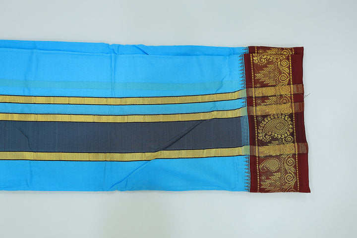 Sri Vaari Vasthram – Pure Silk Devotional Dhoti with Dual Contrast Borders in Red and Blue