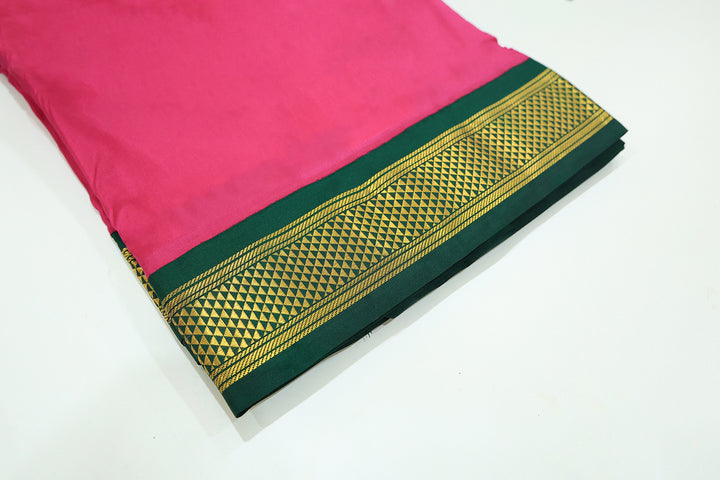 Sri Vaari Vasthram –Rani Pink With Green Pure Silk Devotional Dhoti with Contrast Borders and Zari Accents