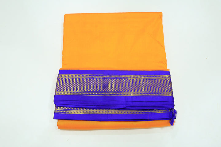 Sri Vaari Vasthram – Yellow With Royal Blue Pure Silk Devotional Dhoti with Contrast Borders and Zari Accents