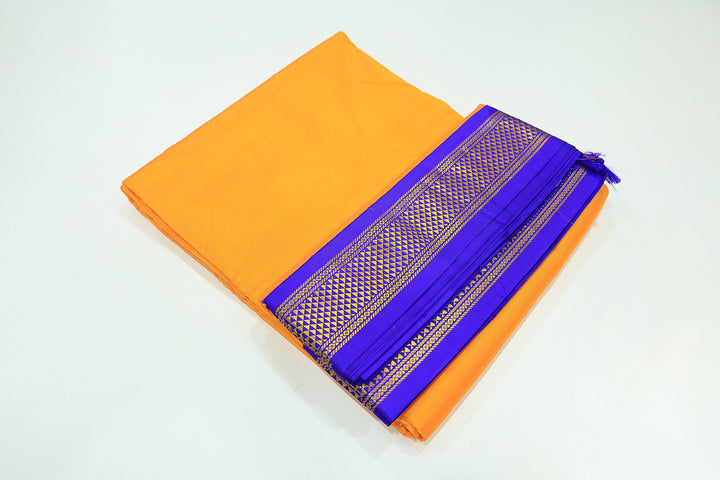 Sri Vaari Vasthram – Yellow With Royal Blue Pure Silk Devotional Dhoti with Contrast Borders and Zari Accents