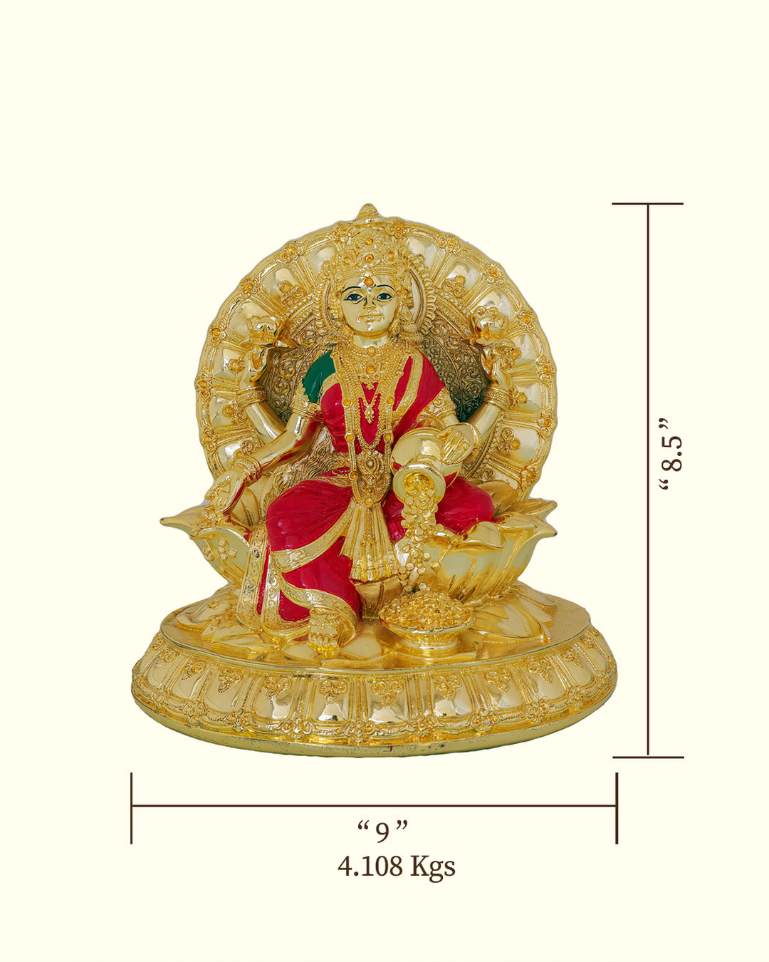 8.5" சிம்மாசனத்தில் அமர்ந்திருக்கும் சிவப்பு நிற புடவையுடன் லட்சுமி