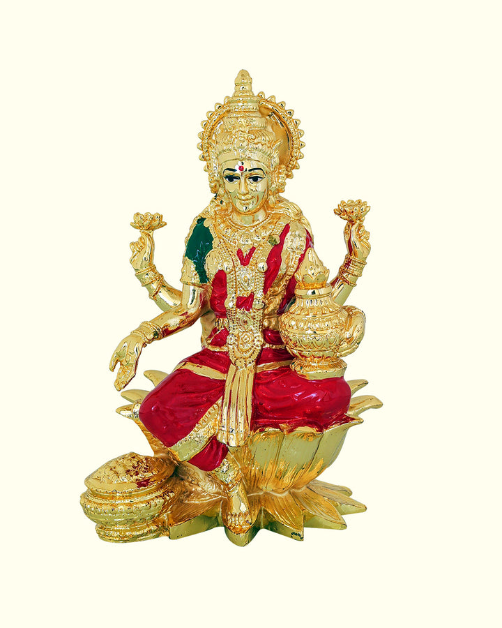 7" Lakshmi Sitting with Red Sari on Lotus