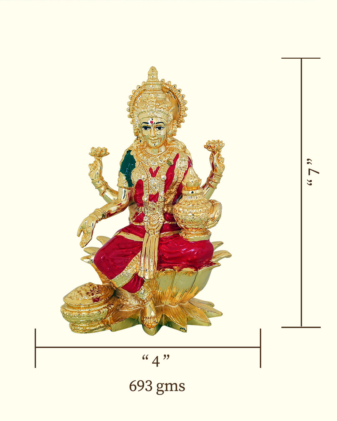 7" லக்ஷ்மி சிவப்பு புடவையுடன் தாமரை மீது அமர்ந்திருப்பது