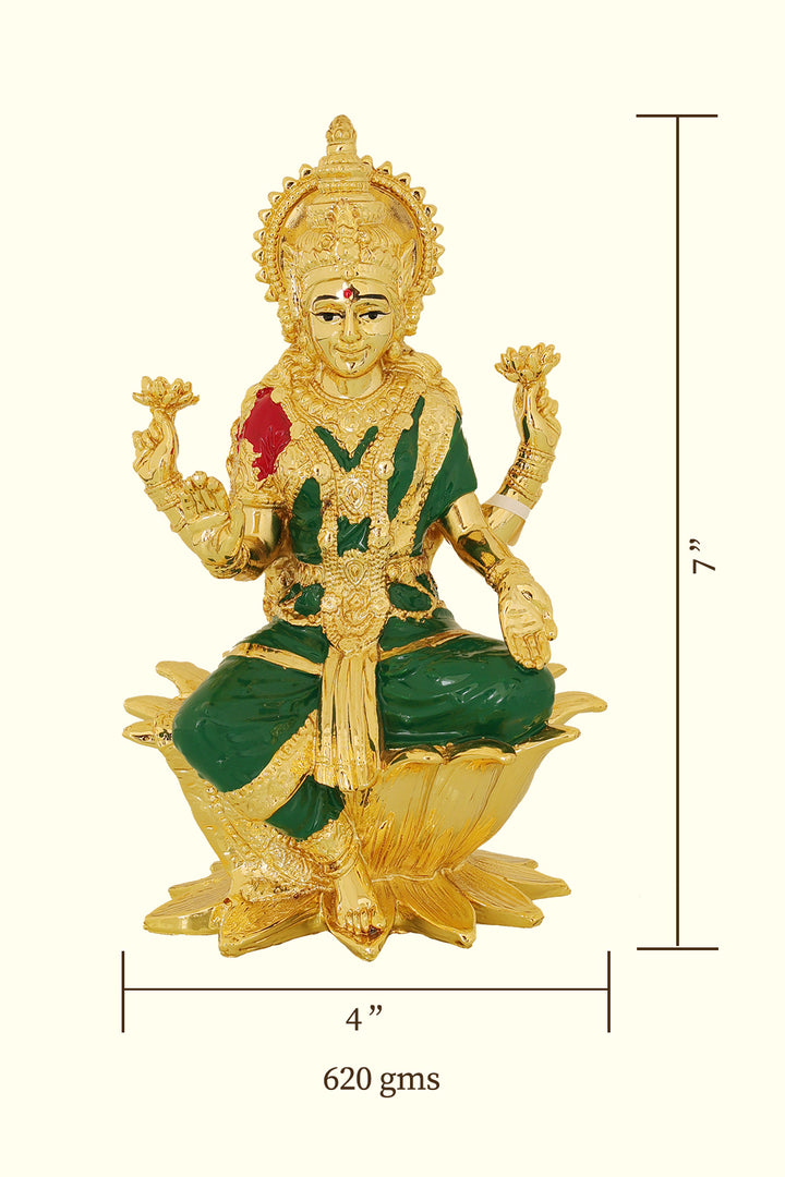 7" Gold Lakshmi with Green Sari Sitting on Lotus