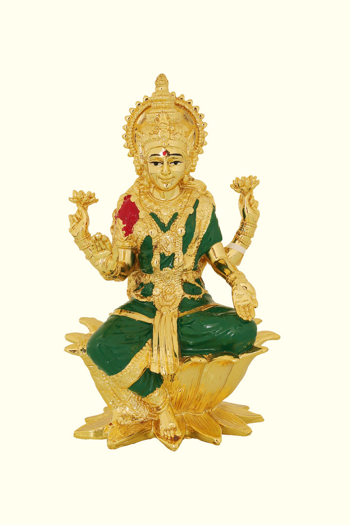 7" Gold Lakshmi with Green Sari Sitting on Lotus