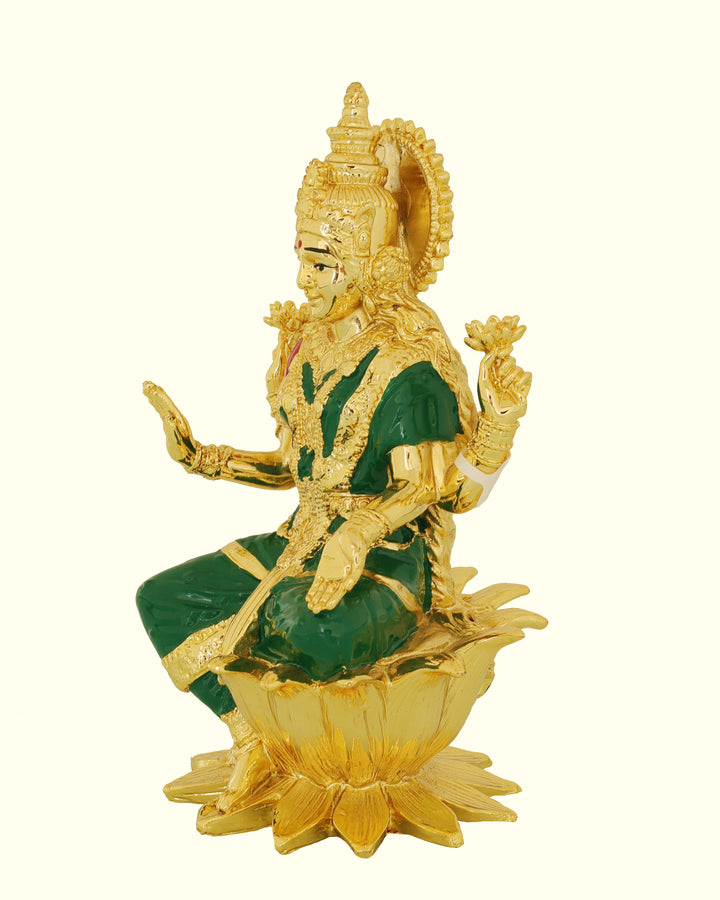 7" Gold Lakshmi with Green Sari Sitting on Lotus