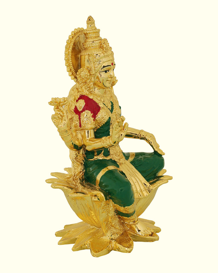 7" Gold Lakshmi with Green Sari Sitting on Lotus