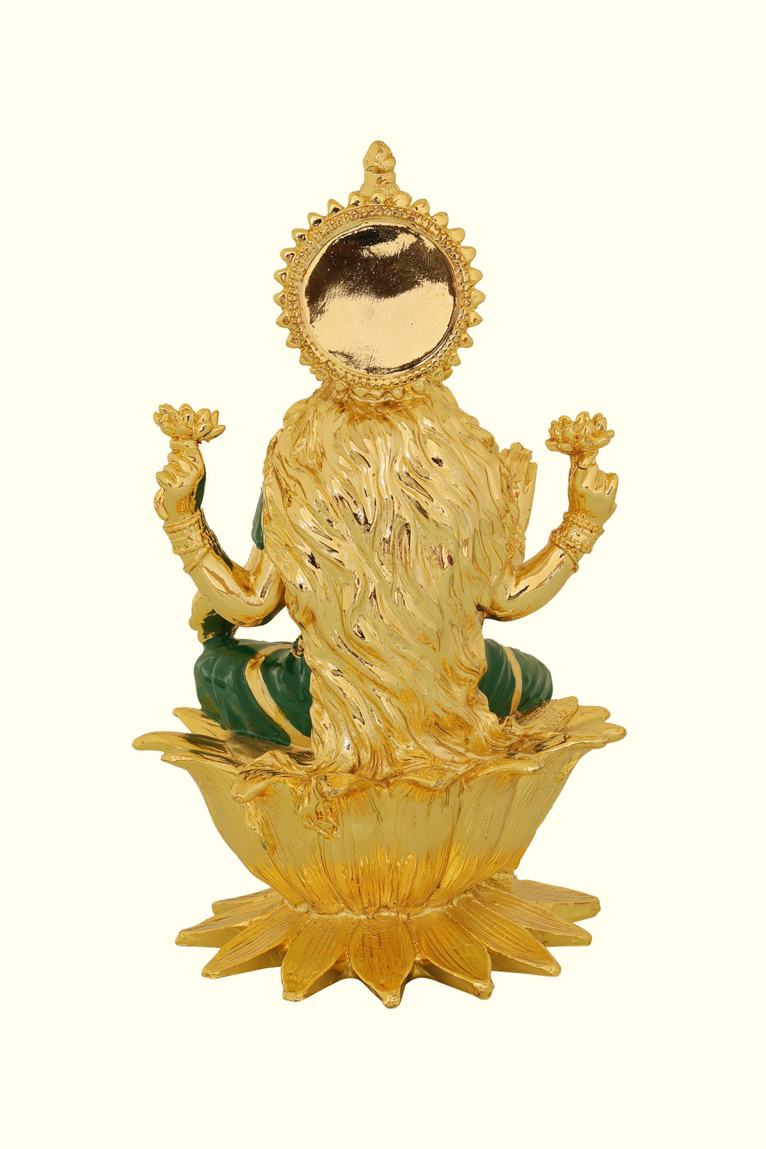 7" Gold Lakshmi with Green Sari Sitting on Lotus