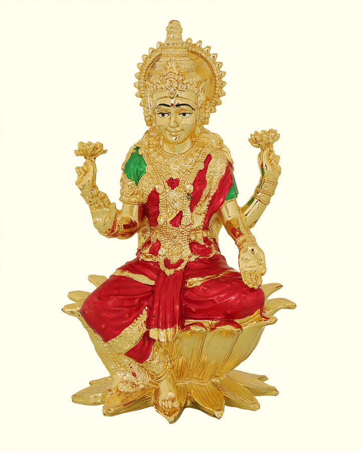 7" Gold Lakshmi with Red Sari Sitting on Lotus