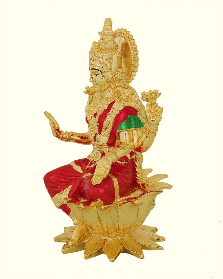 7" Gold Lakshmi with Red Sari Sitting on Lotus