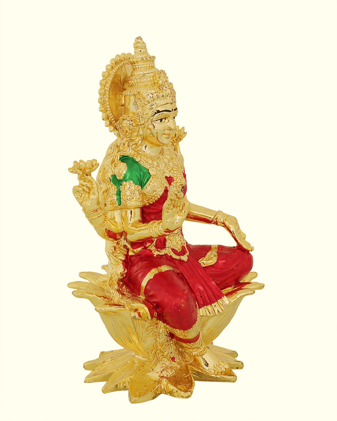 7" Gold Lakshmi with Red Sari Sitting on Lotus