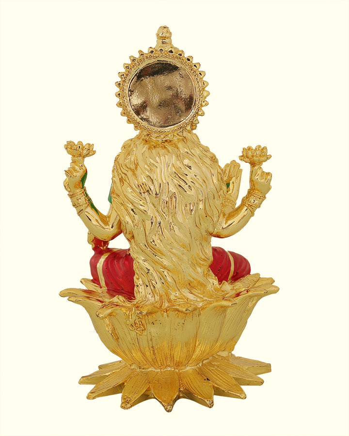 7" Gold Lakshmi with Red Sari Sitting on Lotus