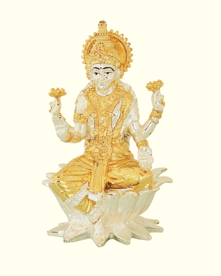 7" Lakshmi Sitting on Lotus (Silver with Gold Colour)