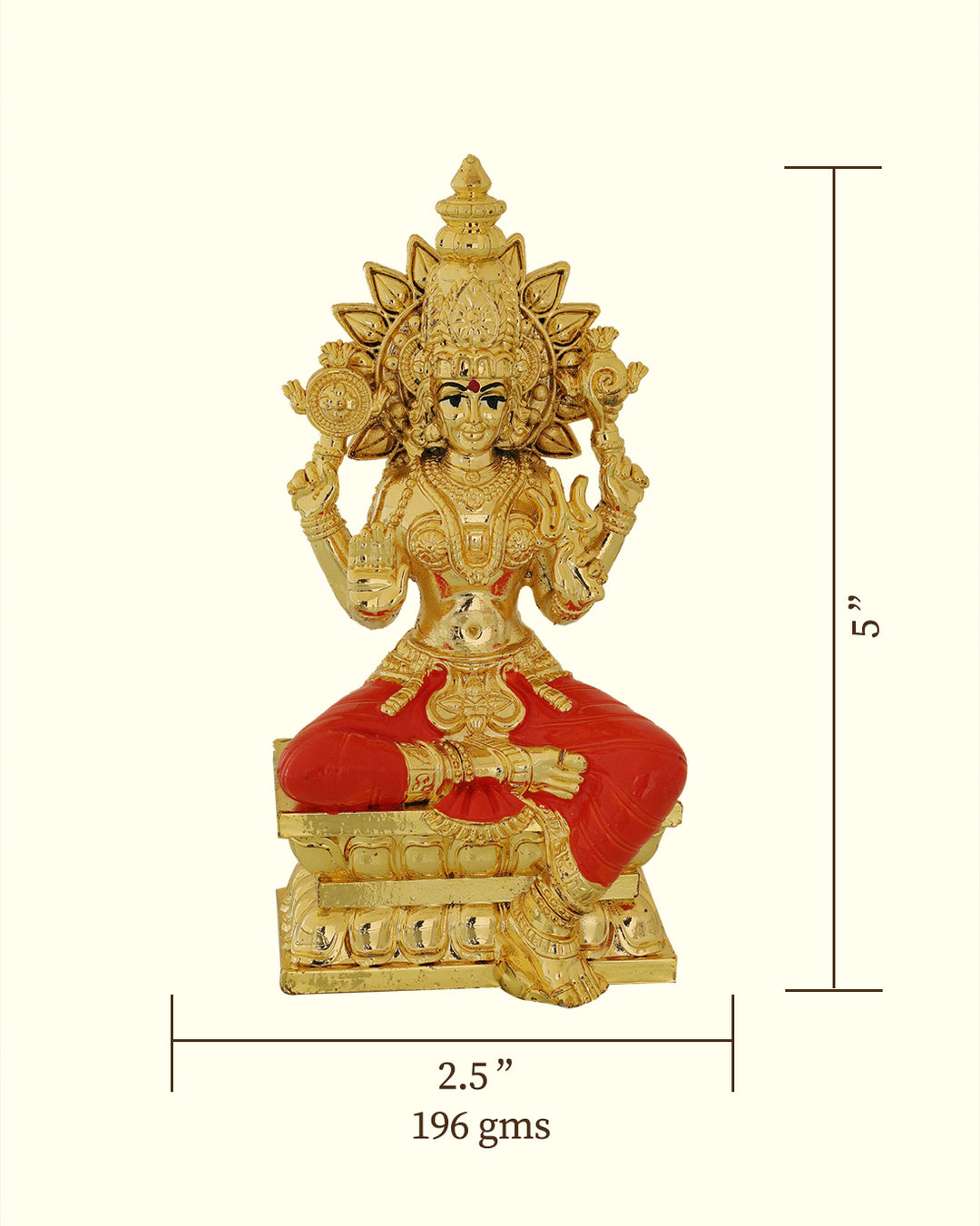 5" தங்க ஸ்வர்ண லட்சுமி சிம்மாசனத்தில் அமர்ந்துள்ளார்