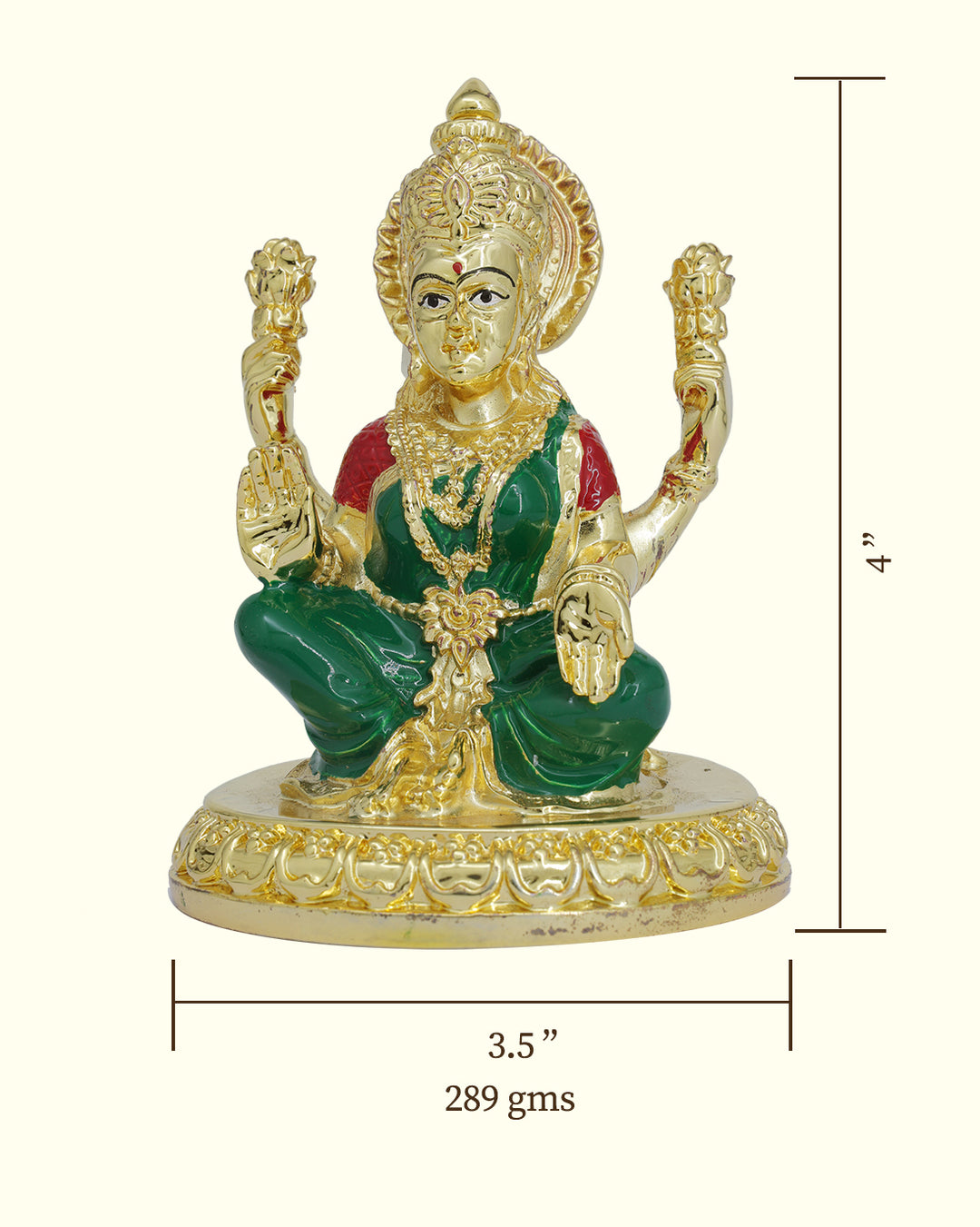 4" பச்சைப் புடவையுடன் சிம்மாசனத்தில் அமர்ந்திருக்கும் லட்சுமி