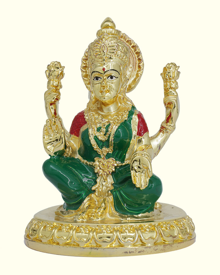 4" Lakshmi with Green Sari Sitting on Throne