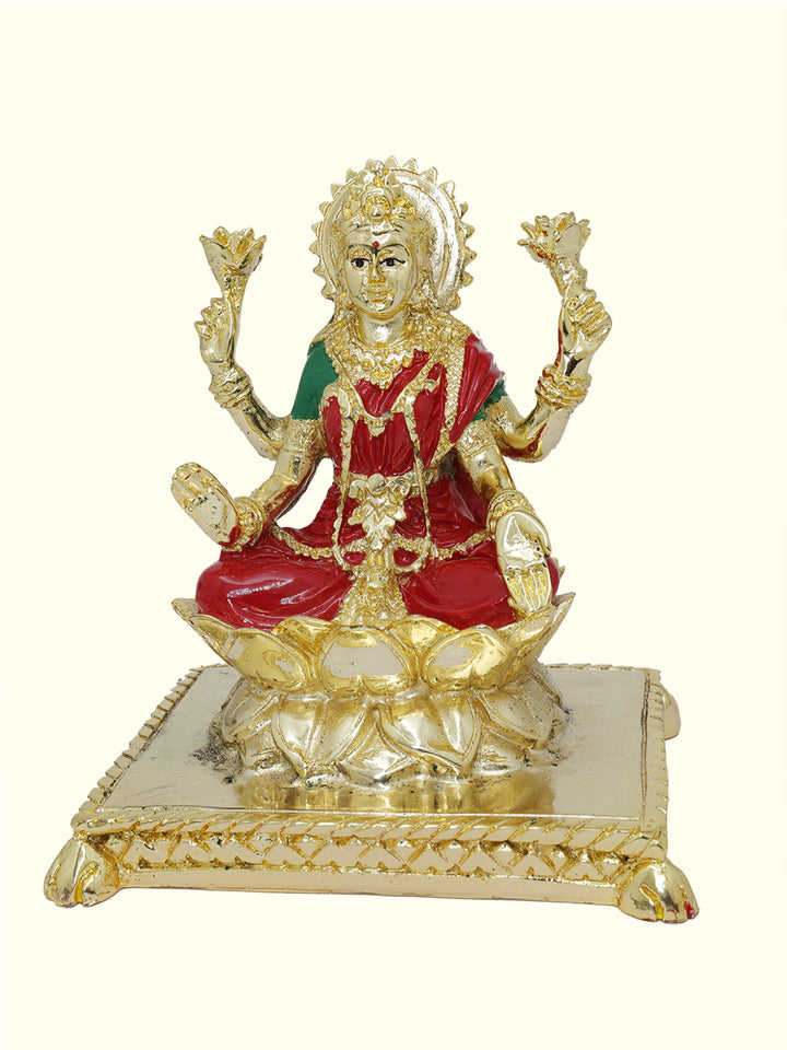 5.5" Lakshmi with Red Sari Sitting on Lotus Throne