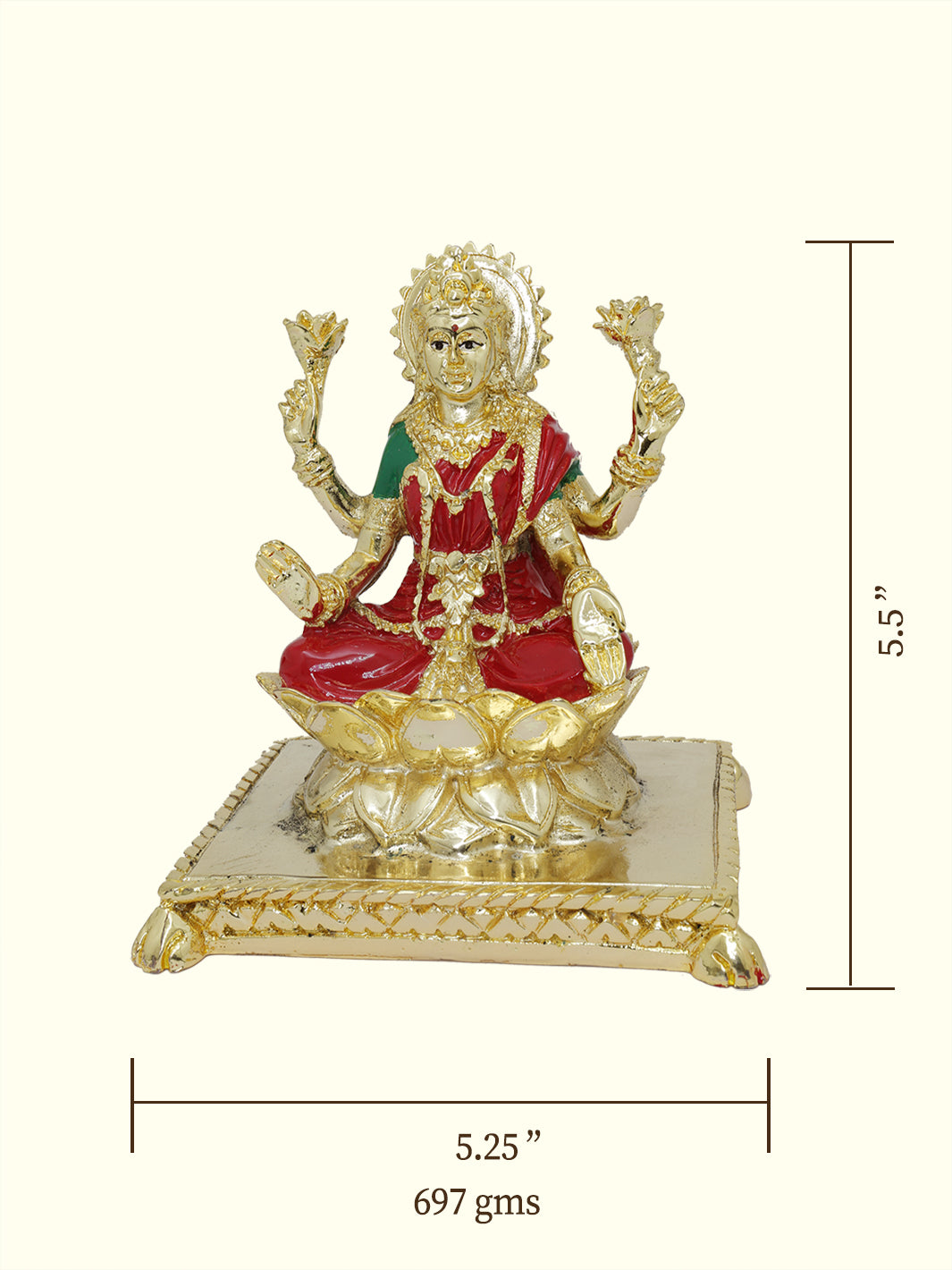 5.5" Lakshmi with Red Sari Sitting on Lotus Throne