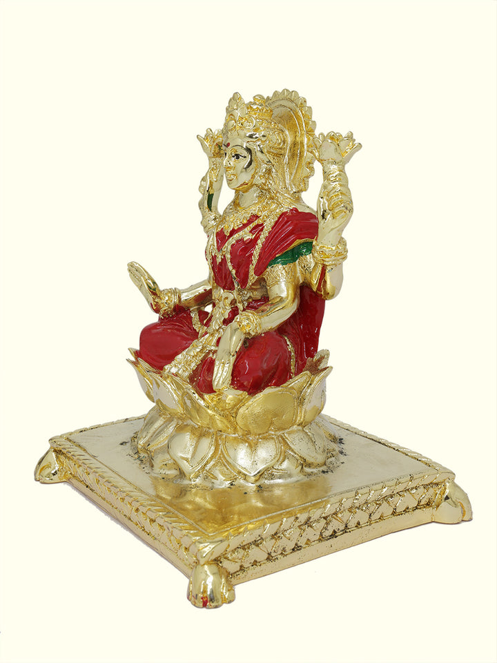 5.5" Lakshmi with Red Sari Sitting on Lotus Throne