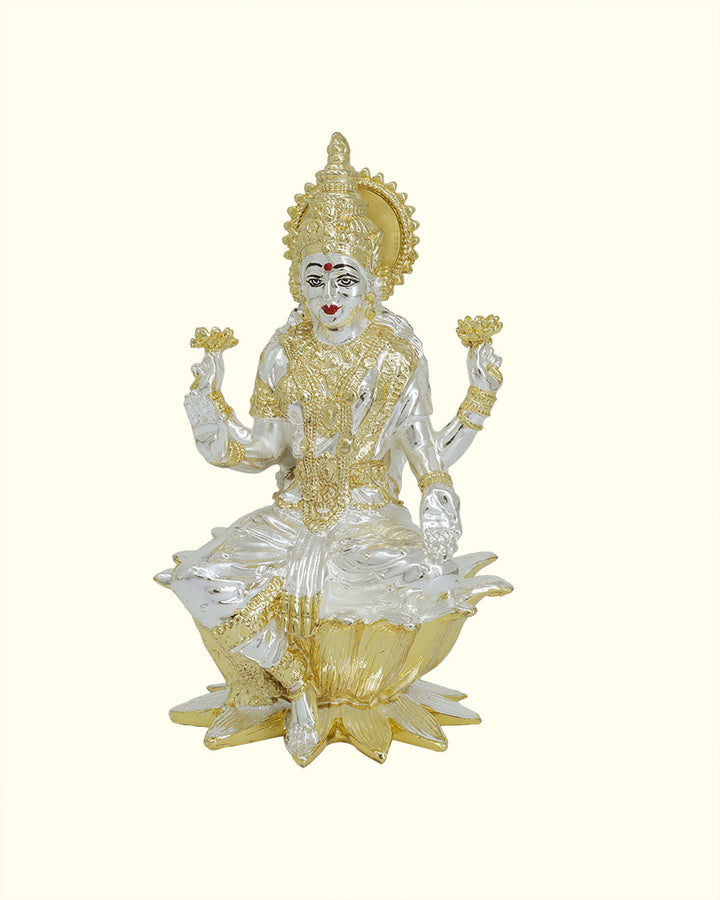 7" Lakshmi Sitting on lotus (Silver with Gold Colour)