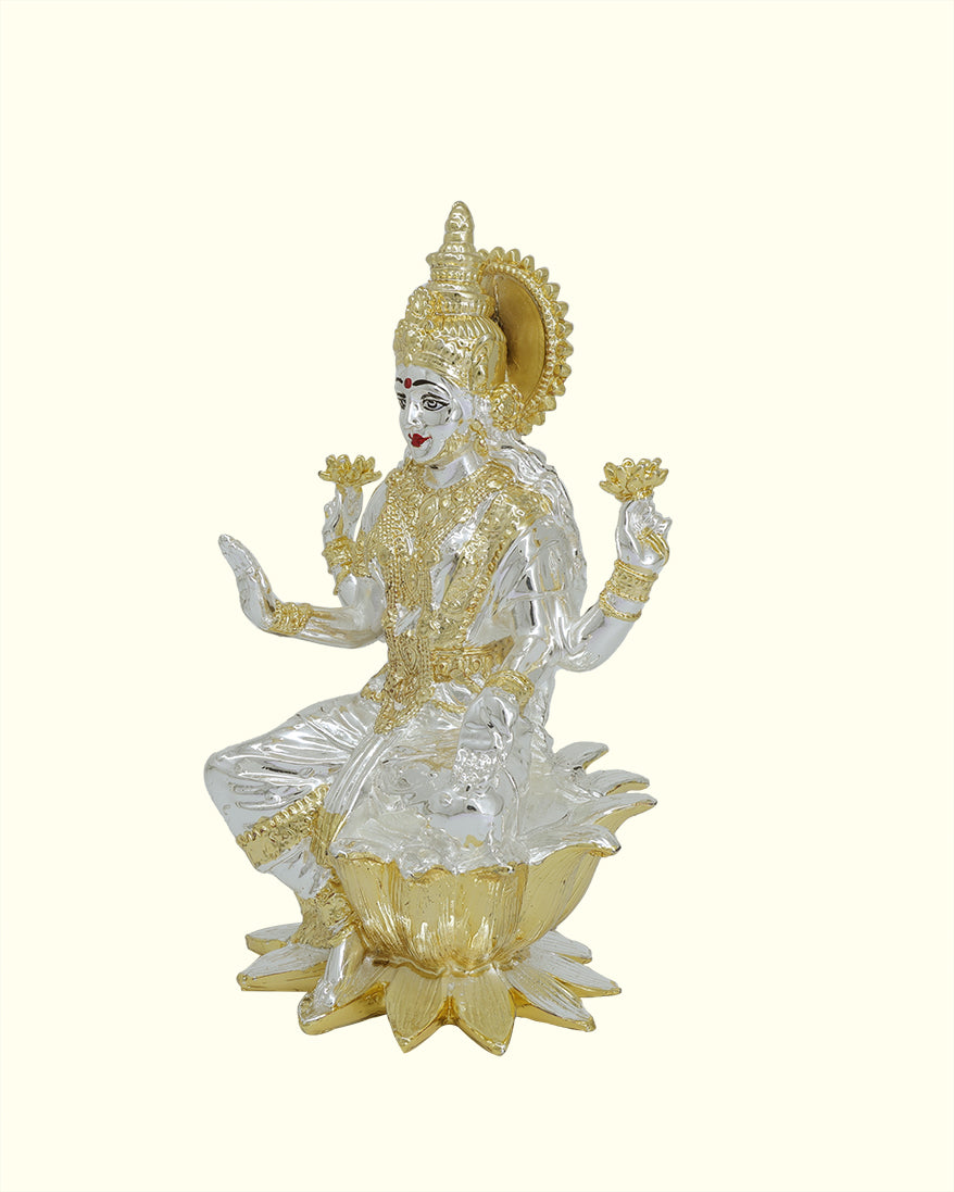 7" Lakshmi Sitting on lotus (Silver with Gold Colour)