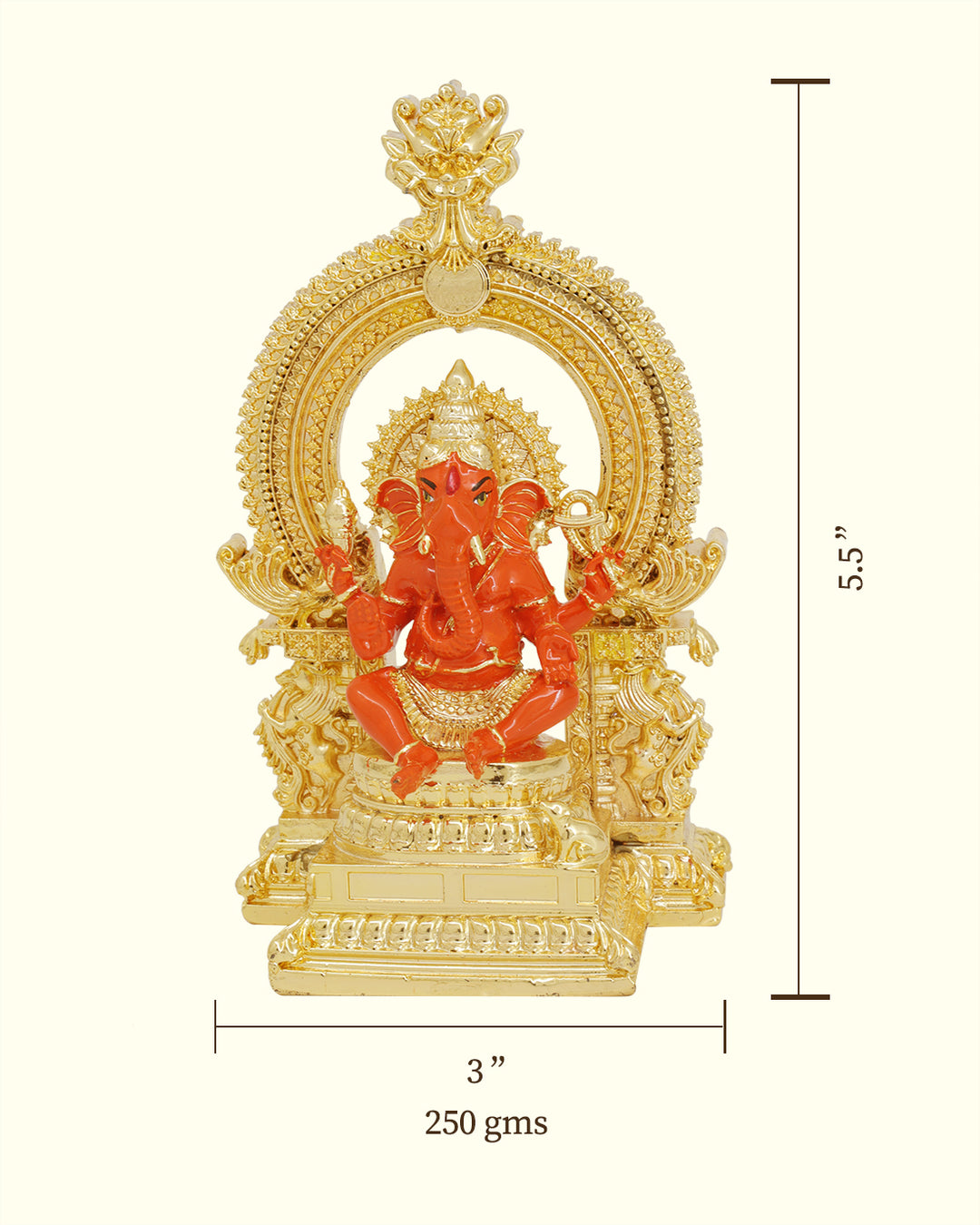 5.5" கணபதி சிம்மாசனத்தில் ஆர்ச் டிசைனுடன் அமர்ந்திருக்கிறார்