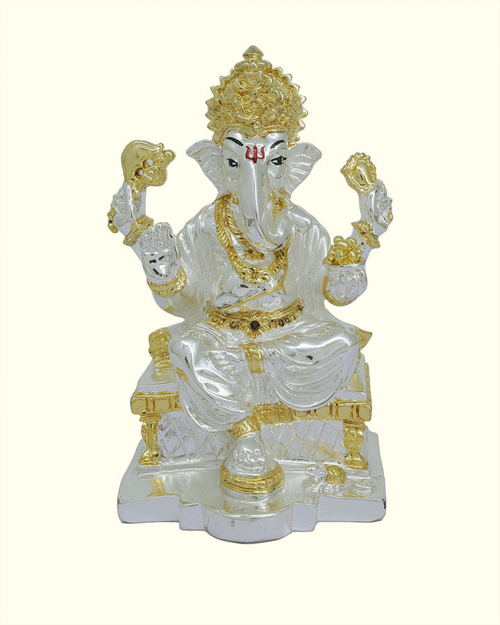 6" Ganapathy Sitting on Throne (Silver with Gold Colour)