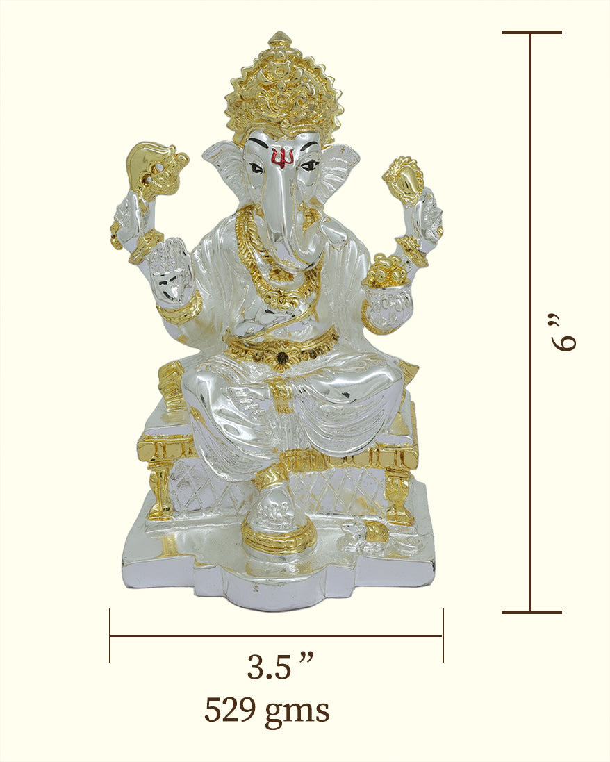 6" Ganapathy Sitting on Throne (Silver with Gold Colour)