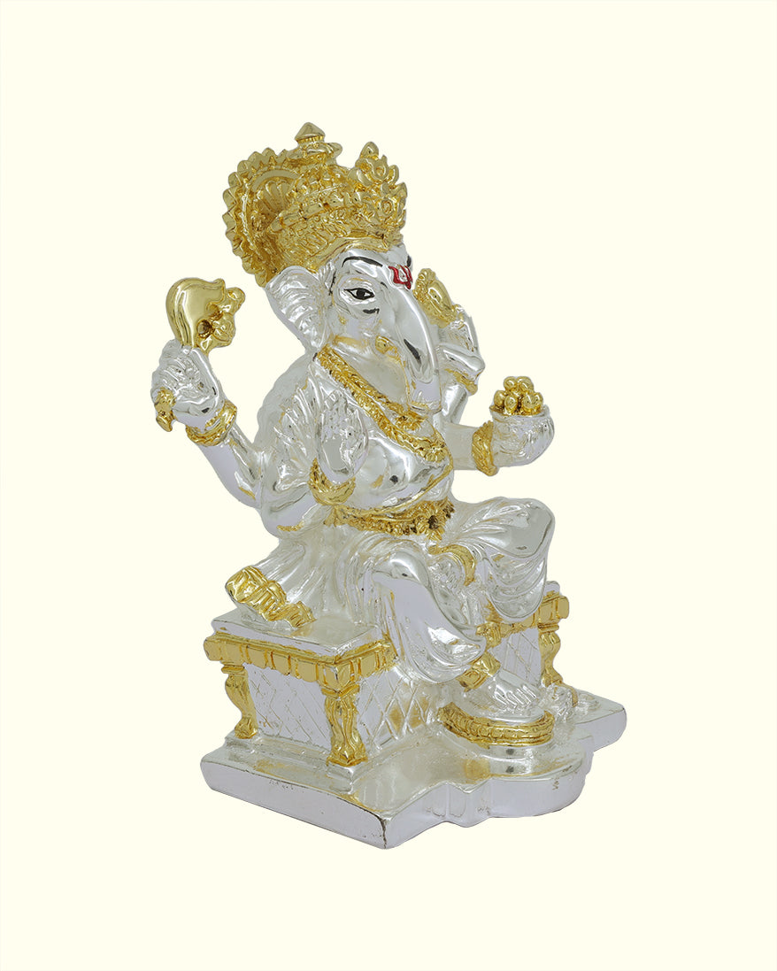 6" Ganapathy Sitting on Throne (Silver with Gold Colour)