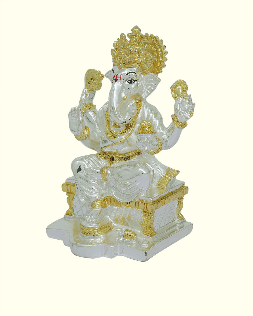 6" Ganapathy Sitting on Throne (Silver with Gold Colour)