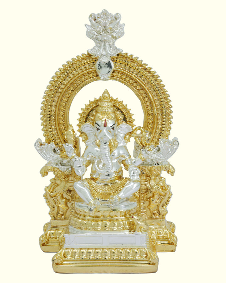 5.5" Ganapathy Sitting on Throne with "Arch Design" (Gold with Silver Colour)