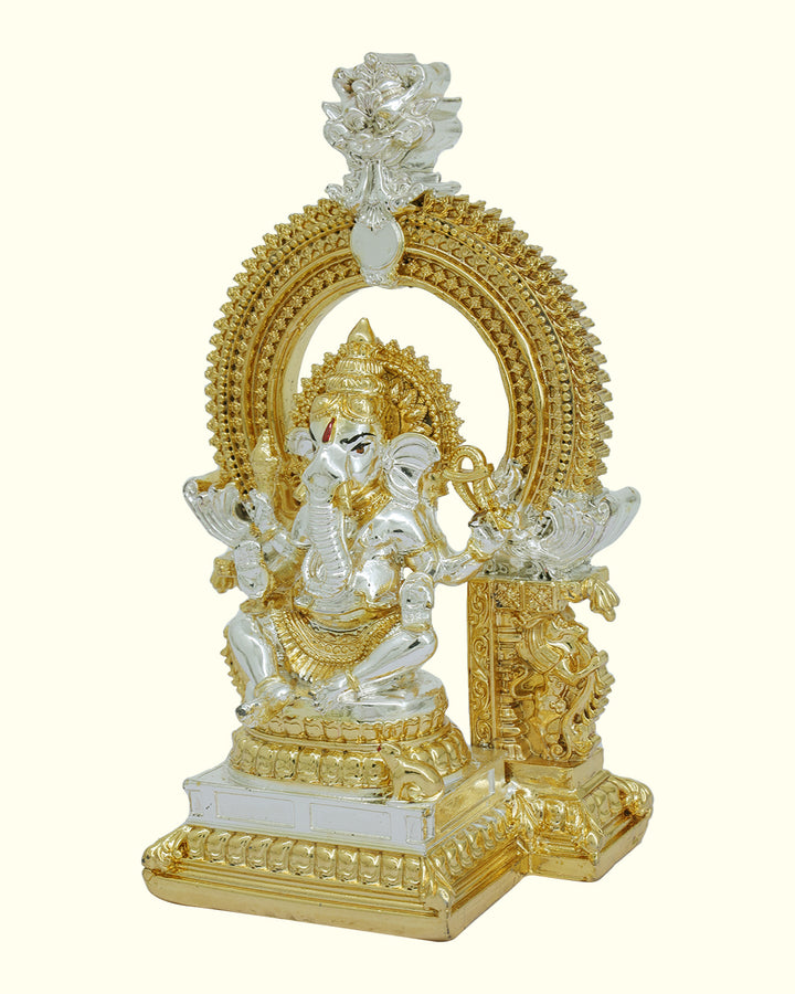 5.5" Ganapathy Sitting on Throne with "Arch Design" (Gold with Silver Colour)