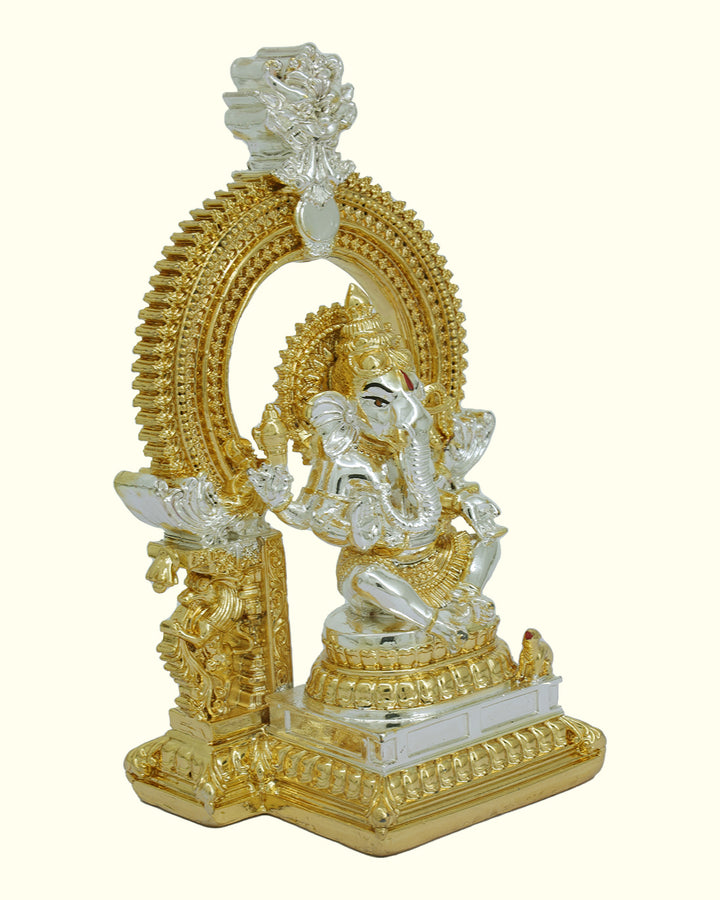 5.5" Ganapathy Sitting on Throne with "Arch Design" (Gold with Silver Colour)