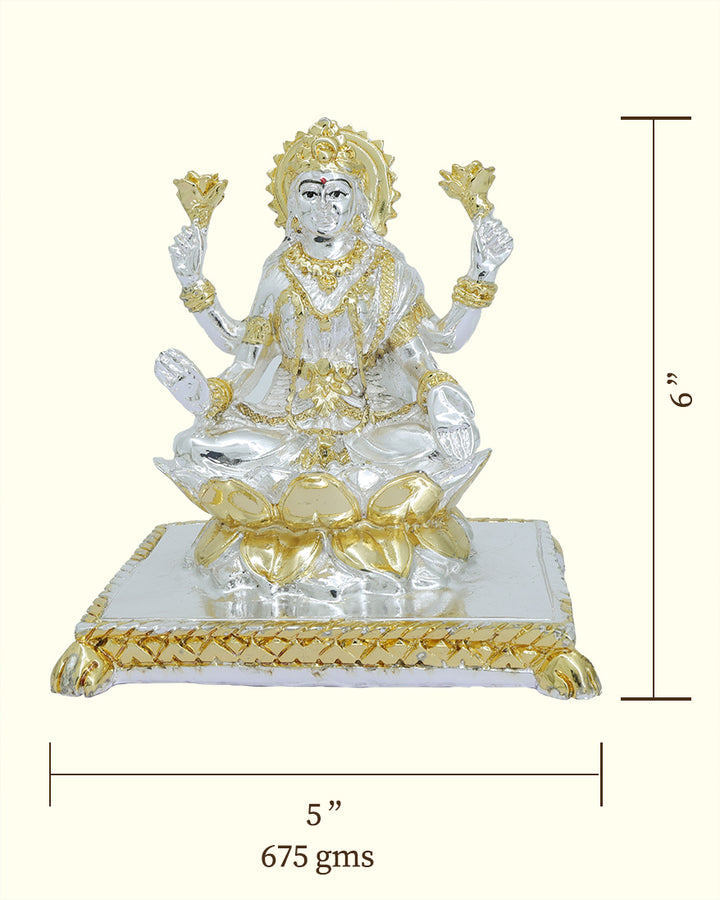 6" Lakshmi Sitting on Lotus (Gold with Silver Colour)