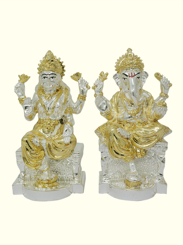 5" Lakshmi and Ganapathy Sitting on Throne (Gold with Silver Colour)