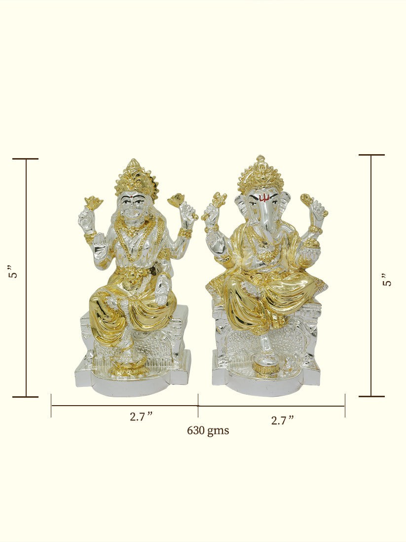 5" Lakshmi and Ganapathy Sitting on Throne (Gold with Silver Colour)