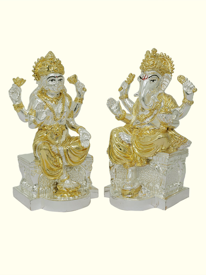 5" Lakshmi and Ganapathy Sitting on Throne (Gold with Silver Colour)