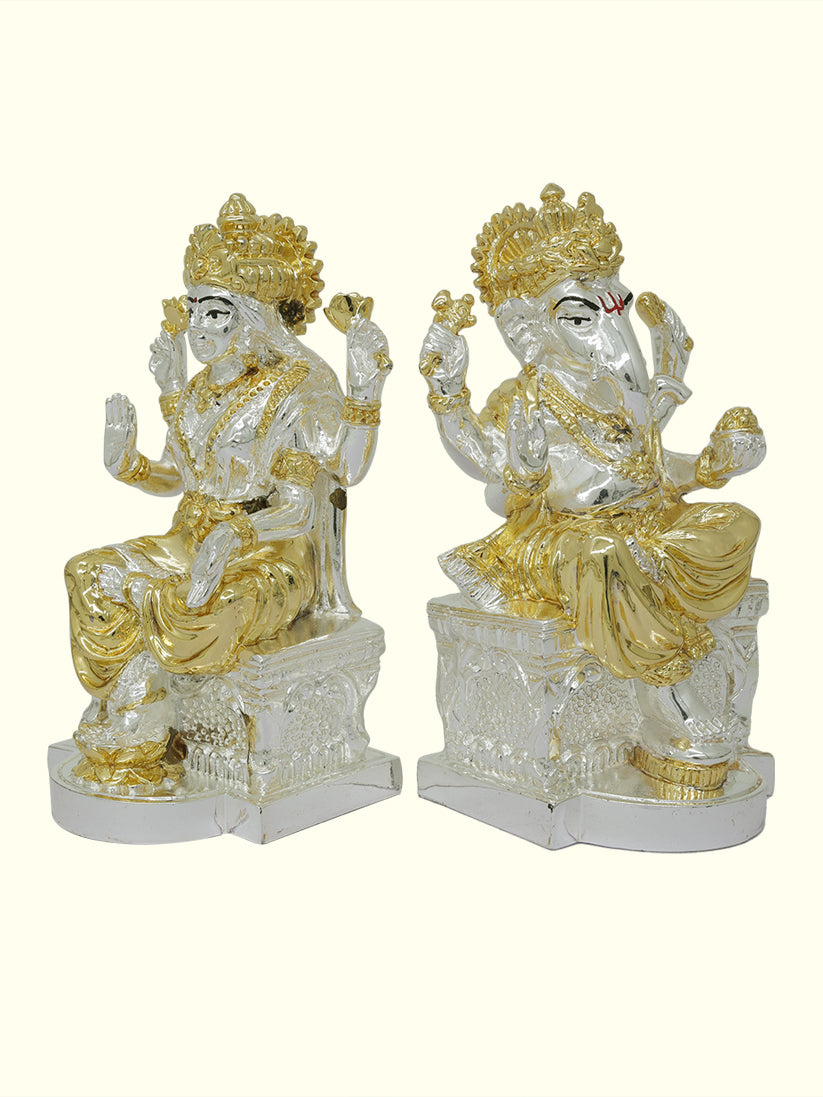 5" Lakshmi and Ganapathy Sitting on Throne (Gold with Silver Colour)