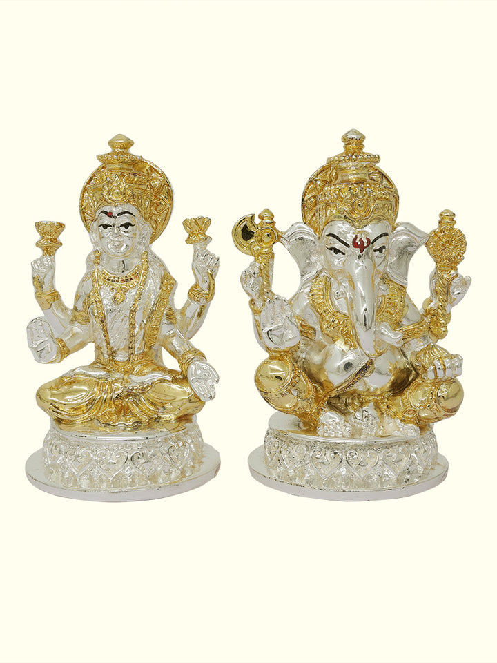 4" Lakshmi and Ganapathy Sitting on Throne (Gold with Silver Colour)