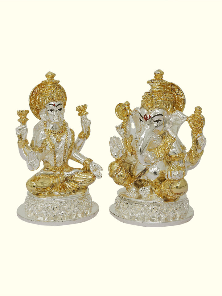 4" Lakshmi and Ganapathy Sitting on Throne (Gold with Silver Colour)