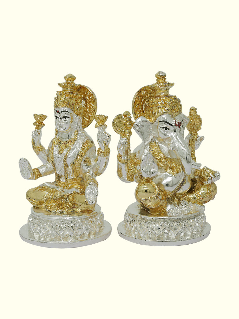 4" Lakshmi and Ganapathy Sitting on Throne (Gold with Silver Colour)