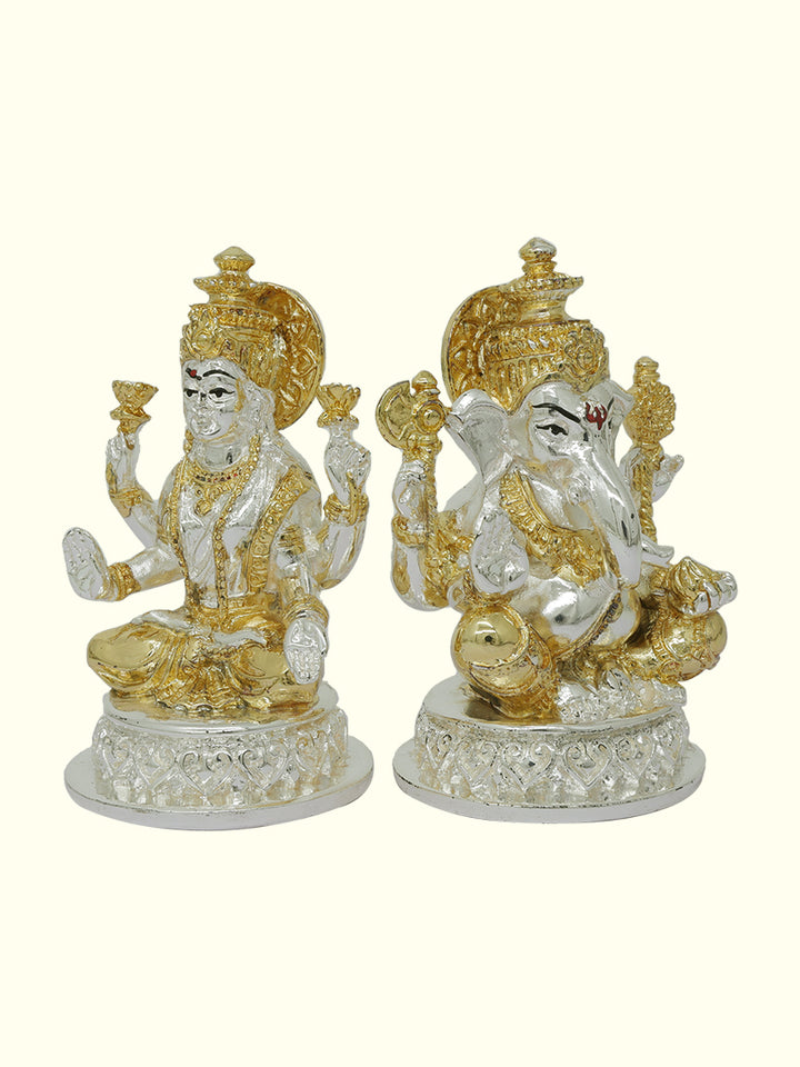 4" Lakshmi and Ganapathy Sitting on Throne (Gold with Silver Colour)