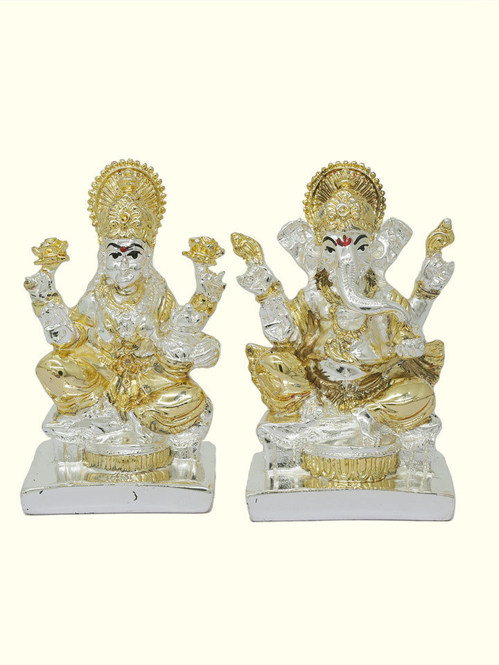 3.75" Lakshmi and Ganapathy Sitting on Throne (Gold with Silver Colour)